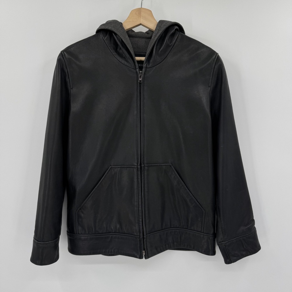 VTG Andrew Marc Women's S Black Leather Hooded Jacket Full Zip Fleece Lined
